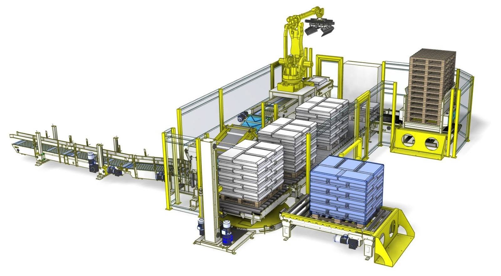 CAD concept for an integrated DeMecha robotic palletising line